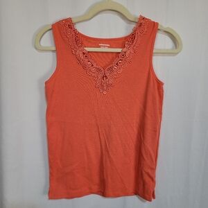 VTG Bobbie Brooks Ribbed Tank Small Orange Lace Trim Cottagecore Summer